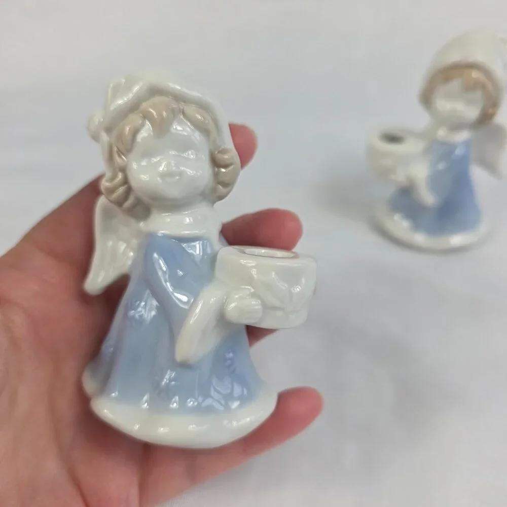 TWO Vintage Ceramic Candle Holders Blue & White Angels Colonial Candle